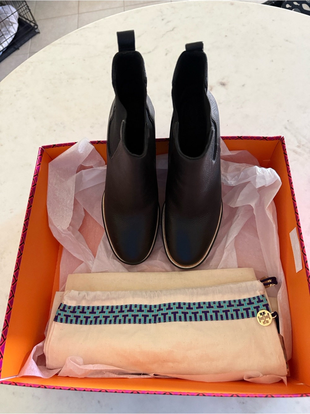 Tory Burch Black Leather Block Heel Ankle Boots with Gold Logo